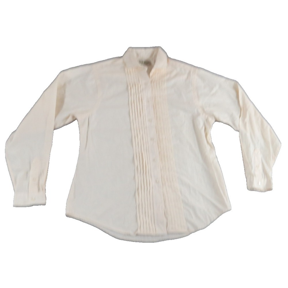 VTG LL Bean Womens 12 Tuxedo Pleat Blouse Button Front Cream USA Made Cotton Top